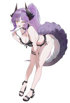 1girl absurdres bare_arms bare_shoulders bikini black_bikini black_choker black_horns black_sand breasts choker cleavage commentary_request frilled_bikini frilled_choker frills full_body hand_up highres holding_strap horns korean_commentary large_breasts leaning_forward legs light_blush long_hair looking_at_viewer multiple_thigh_straps nbee_ya o-ring o-ring_top one_eye_closed open_mouth ponytail purple_hair sakihane_huya sidelocks simple_background stellive swimsuit tail thigh_strap thighs white_background yellow_eyes