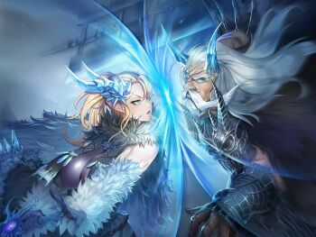 1boy 1girl action_taimanin age_difference artist_request bjorn_sturm blonde_hair blue_eyes breasts curvy demon demon_girl demon_tail fighting game_cg high_ponytail highres holding holding_weapon horns large_breasts lilith-soft looking_at_another pointing pointy_ears ponytail ragnarok_sinmara shiny_skin sword tail taimanin_(series) weapon white_hair wide_hips