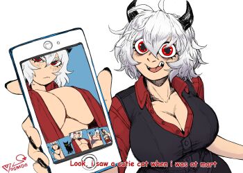 bikini black_bikini black_horns black_nails black_panties black_vest bottle breasts cat demon demon_girl demon_horns grey_panties helltaker highres holding holding_phone horns looking_at_viewer malina_(helltaker) open_clothes open_shirt panties phone red_eyes red_shirt sharp_teeth shirt short_hair smile swimsuit teeth underwear vest vosmon white_hair