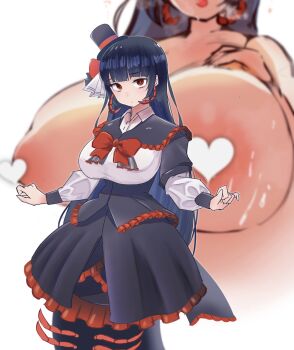 1girl absurdres black_dress black_hair breasts censored cowboy_shot dress earrings eyelashes female_focus hat head_tilt heart heart_censor highres huge_breasts jewelry large_areolae large_breasts long_hair looking_at_viewer nipples pale_skin puffy_sleeves red_eyes red_ribbon ribbon scorpion_tail shirt solo standing tail todakenji top_hat what white_background white_shirt