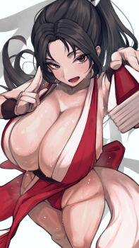 1girl arm_guards bare_shoulders blush breasts brown_eyes brown_hair cleavage fatal_fury folding_fan fundoshi groin hand_fan high_ponytail highres holding holding_fan huge_breasts japanese_clothes long_hair looking_at_viewer mi2mi2_minmi ninja open_mouth parted_bangs pelvic_curtain ponytail revealing_clothes shiranui_mai simple_background smile solo sweat white_background
