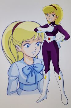 1girl black_eyes blue_bow blue_bowtie blue_dress blue_eyes blue_sash bodysuit boots bow bowtie clenched_hand commentary_request cropped_torso dress elite_(manga) full_body gloves grey_background hairband hand_on_own_hip highres judy_solomon knee_boots medium_hair mizutani_kenta ponytail projected_inset purple_bodysuit red_hairband sash simple_background smile standing superhero_costume white_boots white_gloves