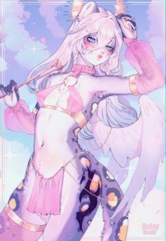 1girl absurdres angel_wings animal_nose areola_slip armpits arrow_(projectile) artist_name belt_collar bikini blue_claws blue_eyes border braid braided_sidelocks breasts chain chain_belt cloud cloudy_sky collar commentary commission covered_erect_nipples cowboy_shot detached_sleeves double-parted_bangs english_commentary eyelashes furry furry_female gold_chain gold_trim gradient_background gradient_border hair_between_eyes half_up_braid halo halo_behind_head hand_on_own_head harem_outfit heart heart_arrow highres holding holding_arrow inset_border leg_tattoo light_blush light_particles long_hair navel noisykoala original parted_lips pink_bikini pink_collar pink_lips pink_sleeves pink_thighhighs puffy_sleeves see-through_clothes see-through_sleeves see-through_thighhighs short_eyebrows single_thighhigh sky sling_bikini_top small_breasts snow_leopard_ears snow_leopard_girl snow_leopard_tail sparkle sweatdrop swimsuit tattoo thick_lips thighhighs thong white_hair wings