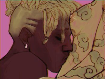 1boy 1girl arm_tattoo breast_tattoo breasts closed_eyes cloud_tattoo commentary dark-skinned_male dark_skin dreadlocks earrings ekko_(league_of_legends) from_side grey_hair hetero highres interracial jewelry jinx_(league_of_legends) kiss kissing_stomach league_of_legends malaviksa nipples pink_background shiny_skin short_hair small_breasts symbol-only_commentary tattoo very_dark_skin white_hair