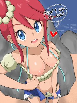 Rule 34 | 1girl, :d, absurdres, aqua bikini, areola slip, beach, bikini, bikini top only, blue eyes, blue shorts, blush, breasts, day, english text, female focus, flashing, from above, hair ornament, heart, highres, large breasts, looking at viewer, looking up, navel, nintendo, nipples, official alternate costume, one breast out, open mouth, outdoors, paid reward available, panties, panty pull, pokemon, pokemon masters ex, pussy, pussy juice, pussy peek, red hair, rock, short shorts, shorts, sidelocks, simesaba, skyla (pokemon), skyla (summer 2025) (pokemon), smile, solo, swimsuit, talking, teeth, topknot, underwear, upper teeth only, water