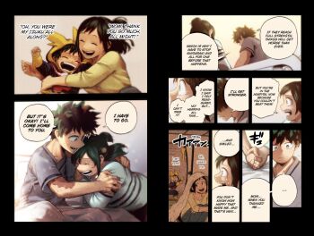 1boy 1girl all_might_(cosplay) bed black_background blanket boku_no_hero_academia character_name colorized comic cosplay crying curly_hair denim english_text eyebrows closed_eyes flashback freckles green_eyes green_hair grey_shirt happy hexamendle highres holding_hands hood hood_up hoodie horikoshi_kouhei hospital hospital_bed hospital_gown hug indoors japanese_text jeans long_hair midoriya_inko midoriya_izuku mother_and_son open_mouth pale_skin pants ponytail scar scar_on_arm scar_on_hand bed_sheet shirt short_hair sitting smile sound_effects speech_bubble spoilers squatting stitched tears teeth third-party_edit yellow_shirt aged_down
