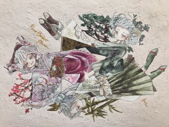 Rule 34 | 3girls, absurdres, acrylic paint (medium), bamboo, bare legs, braid, chinese clothes, closed eyes, commentary request, floral background, flower, from above, full body, grey hair, hair bun, hair ornament, hanfu, highres, karintoun, long hair, multiple girls, original, painting (medium), pine tree, plant, plum blossoms, sandals, short hair, signature, traditional media, tree, watercolor (medium), white hair