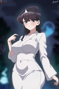 Rule 34 | 1girl, absurdres, artist name, black eyes, black hair, blurry, cowboy shot, depth of field, ghost costume, hand up, highres, hitodama, hmangadd, japanese clothes, kimono, komi-san wa komyushou desu, komi shouko, long hair, long sleeves, looking at viewer, night, outdoors, parted lips, patreon username, shiroshouzoku, signature, solo, standing, twitter username, twitter x logo