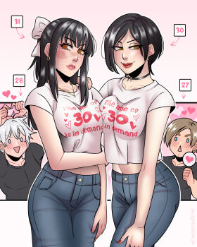 2boys 2girls absurdres ada_wong asymmetrical_docking black_choker black_hair blue_eyes blue_pants blush bow breast_press breasts brown_eyes brown_hair character_age choker clothes_writing commentary crossover dangerousbride denim earrings english_commentary english_text facial_scar four-finger_heart_hands gojou_satoru hair_bow heart heart_hands highres holding holding_sign iori_utahime jeans jewelry jujutsu_kaisen leon_s._kennedy long_hair medium_breasts midriff mole mole_above_mouth multiple_boys multiple_girls necklace pants red_nails resident_evil resident_evil_2 scar scar_on_cheek scar_on_face scar_on_nose short_hair sidelocks sign triangle_mouth white_hair