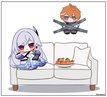 1boy 1girl aged_down artist_name blue_eyes bowl chibi child closed_mouth commentary controller couch dress duct_tape earrings food fruit genshin_impact grey_hair hair_ornament highres jewelry kid_taped_to_wall_(meme) long_hair long_sleeves meme on_couch orange_(fruit) orange_hair pillow pink_eyes remote_control short_hair simple_background skirk_(genshin_impact) tape tartaglia_(genshin_impact) unosaki2 white_background white_dress