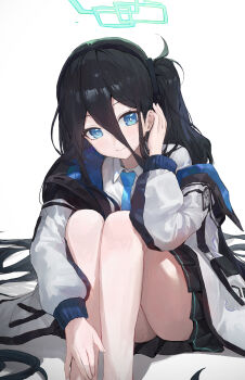 1girl absurdres aqua_halo aris_(blue_archive) black_hair blue_archive blue_eyes blue_necktie closed_mouth commentary_request hair_between_eyes halo highres jacket jianjia legs long_hair looking_at_viewer necktie shirt sitting smile solo very_long_hair white_jacket white_shirt