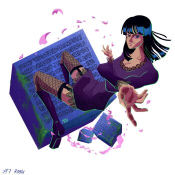 Rule 34 | 1girl, 2022, artist name, black hair, blunt bangs, boots, character name, commentary, crossed arms, dress, english commentary, eyelashes, fishnet thighhighs, fishnets, from above, full body, garter straps, high heel boots, high heels, highres, inktober, long hair, long sleeves, msudrawings, nico robin, nico robin (thriller bark), official alternate costume, one piece, petals, pink petals, poneglyph, purple boots, purple dress, solo, thighhighs, white background