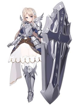 1girl arm_at_side armor blue_eyes breastplate brown_hair curly_sidelocks emblem eyebrows_hidden_by_hair flower galahad_(lost_sword) game_cg gauntlets gold_trim greaves grey_armor hair_flower hair_ornament hair_ribbon highres hip_armor holding holding_shield light_smile long_hair long_sleeves lost_sword:_tales_of_britania official_art ornamental_wings panties parted_bangs plate_armor ribbon scratches see-through_clothes see-through_skirt shield shoulder_armor skirt solo standing swept_bangs thighhighs third-party_source underwear white_flower white_panties white_ribbon white_skirt white_thighhighs wings