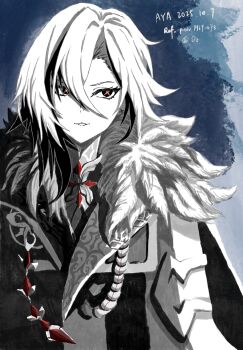 arlecchino_(genshin_impact) black_eyes black_hair coat fatui_coat flower-shaped_pupils fur-trimmed_coat fur_trim genshin_impact highres multicolored_hair streaked_hair symbol-shaped_pupils white_coat white_hair x-shaped_pupils