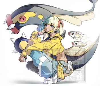 >_< 1girl absurdres aqua_hair bandeau black_mask blonde_hair blue_eyes breasts canari_(pokemon) closed_eyes cloudsmoothie dark-skinned_female dark_skin eel eelektross fish gen_5_pokemon highres jacket lamprey long_sleeves looking_at_viewer mask mask_pull mouth_mask multicolored_hair navel nintendo open_mouth pants pokemon pokemon_(creature) pokemon_legends:_z-a short_twintails simple_background smile split-color_hair sports_bra twintails two-tone_hair two-tone_mask two-tone_pants tynamo white_background yellow_bandeau yellow_jacket yellow_mask yellow_sports_bra
