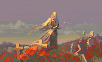 Rule 34 | 1boy, absurdres, charon (reverse:1999), chise zhanche, coat, covered face, cross, dog tags, flower, gloves, grey coat, grey sky, highres, holding, holding dog tags, holding notebook, male focus, notebook, poppy (flower), procreate (medium), red flower, reverse:1999, sky, solo, standing, tombstone, too many flowers, veil, white flower, white gloves, white veil, wide shot