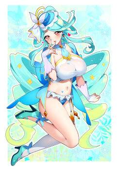 Rule 34 | 1girl, :o, absurdres, alternate breast size (larger), animal print, aqua hair, asymmetrical legwear, breasts, bridal gauntlets, butterfly hat ornament, butterfly print, commentary, cure eclair, gradient hair, green hair, hat, hat ornament, heart, high heels, highres, large breasts, light blush, long hair, looking at viewer, meitantei precure!, midair, mismatched legwear, multicolored hair, navel, orange eyes, ponytail, precure, rumo, single thighhigh, solo, thighhighs, untranslatable commentary, v, v over mouth, very long hair