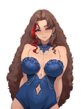 Rule 34 | 1girl, absurdres, arms behind back, bare shoulders, blue choker, blue eyes, blue gem, blue leotard, blush, breasts, brown hair, choker, clothing cutout, cowboy shot, earrings, eyeliner, flower trim, gem, highres, jewelry, large breasts, leotard, lingerie, long hair, looking at viewer, makeup, mole, mole on breast, mole on shoulder, mole under eye, multicolored hair, multiple moles, myth1carts, navel, navel cutout, nijisanji, nijisanji en, parted lips, plunging neckline, red eyeliner, red hair, second-party source, simple background, single hair streak, sisterguni, smile, solo, transparent background, two-tone hair, underwear, very long hair, virtual youtuber