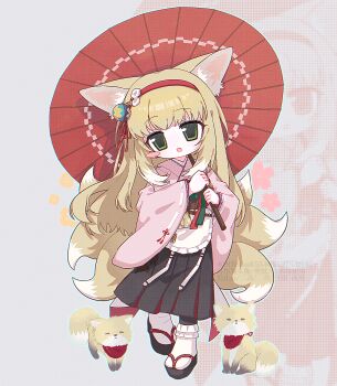 1girl animal_ears apron arknights black_hakama blonde_hair blush_stickers bobby_socks chinese_commentary commentary_request commission flower fox fox_ears fox_girl fox_tail frilled_apron frills green_eyes hair_flower hair_ornament hairband hakama hakama_skirt highres holding holding_umbrella japanese_clothes kimono kitsune kyuubi long_hair long_sleeves looking_at_viewer multiple_tails official_alternate_costume oil-paper_umbrella okobo open_mouth pianmu_chu pink_kimono platform_sandals red_hairband red_umbrella sandals second-party_source skirt socks solo suzuran_(arknights) suzuran_(yukibare)_(arknights) tail umbrella watermark white_apron white_socks wide_sleeves zoom_layer