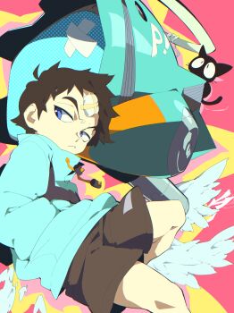 Rule 34 | 1boy, absurdres, aetherion, backpack, bag, bandage on face, bandages, black cat, blue eyes, blue hoodie, canti, cat, flcl, hands in pockets, highres, hood, hoodie, looking down, nandaba naota, robot, short shorts, shorts, sticker, takkun (flcl), television
