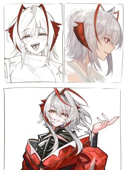 1girl antenna_hair arknights demon_girl demon_horns grey_hair ha_(huton_in_mach) highres horns orange_eyes red_horns red_nails simple_background sketch solo tongue tongue_out upper_body w_(arknights) white_background