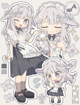 1girl apron black_dress black_footwear broken_plate closed_eyes coffee_pot collared_dress commission cross cup dress flower frills hair_flow hair_ornament hand_up heart highres holding holding_cup kanamochi_kanato leaf looking_at_viewer maid_apron maid_headdress multiple_views musical_note one_eye_closed original plate puffy_short_sleeves puffy_sleeves sample_watermark shoes short_sleeves sidelocks simple_background skeb_commission smile sparkle waist_apron watermark white_apron white_flower white_hair