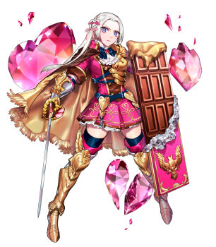 Rule 34 | 1girl, alternate costume, alternate hairstyle, angry, armor, armored boots, blonde hair, boots, broken, cape, chocolate, closed mouth, dress, edelgard von hresvelg, fire emblem, fire emblem: three houses, full body, gem, gold armor, hair ribbon, heart, light frown, long hair, looking at viewer, multicolored eyes, nakapipo, nintendo, parted lips, pink dress, pink gem, pink ribbon, purple eyes, ribbon, simple background, solo, valentine, white background