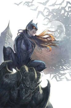 1girl barbara_gordon bat_(animal) batgirl batman_(series) batman_symbol belt black_bodysuit bodysuit breasts cape comic_cover cowl dc_comics dc_super_hero_girls fangs gargoyle gloves highres homare_(fool&#039;s_art) horror_(theme) large_breasts long_hair looking_at_viewer mask medium_breasts multiple_girls official_art red_eyes red_hair smile solo superhero_costume utility_belt vampire