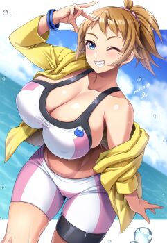 1girl bike_shorts blue_eyes blush breasts brown_hair commentary_request commission dated gundam gundam_build_fighters gundam_build_fighters_try highres hoshino_fumina huge_breasts looking_at_viewer midriff one_eye_closed ponytail scrunchie short_hair skeb_commission smile solo sports_bra two-tone_sports_bra yoohi