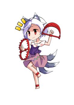 1girl animal_ears anklet arm_up barefoot bear_trap chibi chibi_only commentary_request dairi dog_ears dog_tail full_body grey_hair jewelry large_variant_set mitsugashira_enoko multiple_tails purple_shirt red_eyes shirt short_hair short_sleeves simple_background skirt solo tachi-e tail touhou transparent_background variant_set