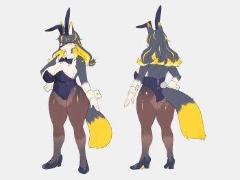 1girl animal_ear_hairband animal_ears black_bow black_bowtie black_leotard black_shoes blonde_hair bow bowtie breasts brown_pantyhose bunnimals cleavage collar detached_collar fake_animal_ears fake_tail from_behind full_body furry furry_female hairband high_heels huge_breasts kishibe leotard looking_at_viewer marie_gold multicolored_hair multiple_views official_art pantyhose playboy_bunny rabbit_ears reference_sheet second-party_source shoes simple_background solo standing straight-on streaked_hair tail two-tone_fur two-tone_hair two-tone_tail white_background white_collar white_wrist_cuffs wolf_ears wolf_girl wolf_tail wrist_cuffs