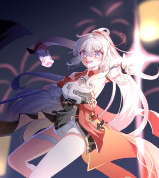 1girl absurdres aerial_fireworks blue_eyes breasts cleavage dress fireworks highres honkai_(series) honkai_impact_3rd kiana_kaslana kiana_kaslana_(ba-dum!_fiery_wishing_star) lantern large_breasts long_hair night night_sky outdoors paper_lantern ponytail rice_cake_(honkai_impact_3rd) s9897907160915 sky sky_lantern snake thighs very_long_hair white_dress white_hair