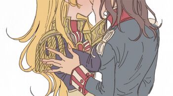 1boy 1girl andre_grandier blonde_hair blue_jacket brown_hair commentary english_commentary epaulettes face-to-face hand_on_another&#039;s_face head_out_of_frame hetero implied_kiss jacket long_hair long_sleeves meremero oscar_francois_de_jarjayes simple_background upper_body versailles_no_bara white_background