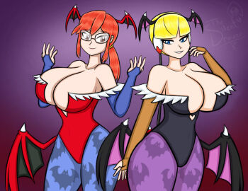 Rule 34 | 2girls, animal print, bare shoulders, bat print, bat wings, blonde hair, blue eyes, blue legwear, blue pantyhose, blunt bangs, bodysuit, breasts, bridal gauntlets, cleavage, clothing cutout, cosplay, crossover, darkstalkers, demon girl, demon wings, elesa (pokemon), female focus, gauntlets, glasses, hair bobbles, hair ornament, head wings, headset, heart cutout, horse tail, large breasts, leotard, lilith (darkstalkers), lilith (darkstalkers) (cosplay), long hair, long twintails, looking at viewer, lorelei (pokemon), low wings, morrigan aensland, morrigan aensland (cosplay), multiple girls, nintendo, pantyhose, pokemon, pokemon (game), pokemon black and white, pokemon firered and leafgreen, ponytail, print legwear, purple background, purple legwear, purple pantyhose, red bodysuit, red eyes, short hair, sidelocks, smil, spectacles, tail, thesilentdrawer, thick thighs, thighs, twintails, ward, wide hips, wings