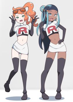 2girls :d absurdres aqua_hair araki_megami black_boots black_gloves black_hair boots commentary_request commission cosplay cropped_jacket dark-skinned_female dark_skin double_w earrings elbow_gloves eyelashes eyeshadow eyewear_on_head gloves green_eyes grey_background hair_bun hand_on_own_hip hand_up hands_up happy highres hoop_earrings jacket jessie_(pokemon) jessie_(pokemon)_(cosplay) jewelry logo long_hair makeup multicolored_hair multiple_girls nessa_(pokemon) nintendo open_mouth orange_hair pixiv_commission pokemon pokemon_(anime) pokemon_swsh side_ponytail sidelocks single_sidelock skirt smile sonia_(pokemon) standing standing_on_one_leg stomach sunglasses team_rocket team_rocket_uniform thigh_boots tongue two-tone_hair w white_jacket white_skirt