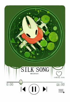 1girl arthropod_girl artist_name bone chinese_commentary cloak commentary_request copyright_name english_text film_grain from_above full_body halftone halftone_background heart highres hightguy hollow_eyes hollow_knight hollow_knight:_silksong hornet_(hollow_knight) horns lily_pad looking_at_viewer looking_up media_player_interface needle_(hollow_knight) pause_button red_cloak simple_background solo weapon weapon_on_back