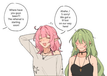 2girls alternate_costume alternate_hair_length alternate_hairstyle black_choker black_tank_top breasts choker cleavage commentary elf elysia_(honkai_impact) english_commentary english_text green_hair honkai_(series) honkai_impact_3rd jewelry lipstick_mark lipstick_mark_on_cheek lipstick_mark_on_face lipstick_mark_on_shoulder long_hair medium_breasts mobius_(honkai_impact) multiple_girls necklace pink_hair pointy_ears rena_(rrena) shirt short_hair simple_background speech_bubble tank_top very_long_hair white_background white_shirt yuri