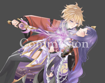 1boy 1girl arm_up asami_7teen black_background black_panties black_thighhighs blonde_hair blunt_bangs blush branch bridal_gauntlets closed_eyes closed_mouth commentary commission couple curly_hair drawing_sword electricity english_commentary friends genshin_impact glowing glowing_sword glowing_weapon hair_ornament hand_on_another&#039;s_back hetero high_ponytail highres holding holding_sword holding_weapon human_scabbard japanese_clothes katana kazuha&#039;s_friend_(genshin_impact) kimono leaning_back leaning_forward leaning_on_person leaning_to_the_side long_hair long_sleeves looking_down mitsudomoe_(shape) multicolored_hair musou_isshin_(genshin_impact) panties parted_lips pink_lips ponytail purple_eyes purple_hair purple_kimono raiden_shogun red_sash sash scar scar_on_face scarf shade sheath simple_background smile streaked_hair sword sword_between_breasts teeth thighhighs thighs tomoe_(symbol) underwear weapon