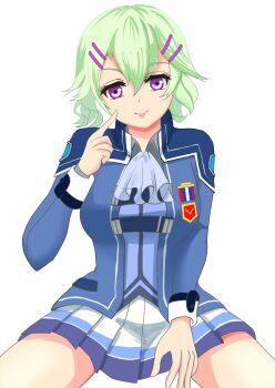 Rule 34 | 1girl, ascot, breasts, double-parted bangs, eiyuu densetsu, finger to cheek, green hair, hair between eyes, hair ornament, hairclip, highres, jacket, long sleeves, looking at viewer, medium breasts, musse egret, purple eyes, sen no kiseki, sen no kiseki (series), sen no kiseki iii, short hair, simple background, sirakaba324, sitting, skirt, smile, solo, thors military academy branch campus uniform, tongue, tongue out, upper body, white ascot, white background
