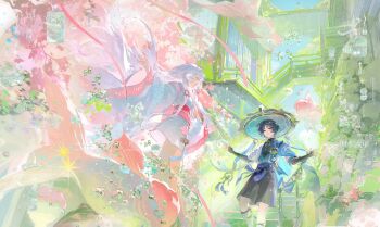 1boy 1girl antenna_hair architecture armor artist_request belt black_belt black_bodysuit black_bow black_bridal_gauntlets black_hair black_shorts blue_cape blue_eyes blue_gemstone blue_hat blue_kimono blue_sky blue_sleeves blunt_ends bodysuit bow bridal_gauntlets cape cherry_blossoms closed_mouth commission commissioner_insert curled_fingers east_asian_architecture feathers gem genshin_impact gold hair_intakes hat hayami_momo_(hayamimomo) highres japanese_armor japanese_clothes jingasa juban kimono koi kote kurokote layered_sleeves leg_warmers long_hair long_sleeves looking_at_another mandarin_collar obi obiage obijime open_clothes open_hand open_hands open_kimono open_mouth original outdoors outstretched_arms parted_bangs pink_eyes pom_pom_(clothes) purple_rope purple_sash railing rope sash scaramouche_(genshin_impact) short_sleeves shorts sidelocks sky smile spread_arms stairs tassel tasuki tsurime very_long_hair vision_(genshin_impact) wanderer_(genshin_impact) watermark watermark_grid white_hair white_kimono white_leg_warmers white_sleeves white_trim wide_sleeves window yellow_feathers