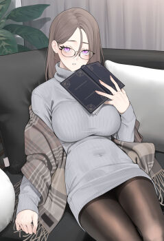 1girl arm_at_side black-framed_eyewear blush book breasts brown_hair brown_pantyhose commentary_request couch covered_navel curtains dot_nose dress earrings fingernails fringe_trim glasses grey_dress grey_sweater hair_between_eyes hand_up highres holding holding_book hoop_earrings indoors jewelry large_breasts leaning_back long_fingernails long_hair looking_at_viewer on_couch open_book open_mouth original pantyhose parted_lips pillow pink_eyes plant rerrere ribbed_sweater shawl signature sitting solo sweater sweater_dress teapot thighband_pantyhose throw_pillow turtleneck turtleneck_sweater