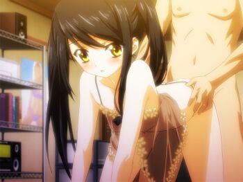 1girl babydoll black_hair blush bokura_wa_piacere breasts covering_privates doggystyle g-string game_cg lingerie loli nipples see-through_clothes sex sex_from_behind small_breasts smile takano_kotoko thong underwear vaginal yellow_eyes