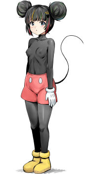 1girl black_bodysuit blonde_hair blue_eyes bodysuit boots breasts commentary cosplay covered_erect_nipples double_bun full_body gloves green_hair hair_bun hair_ornament hairclip highres impossible_bodysuit impossible_clothes mickey_mouse mickey_mouse_&amp;_friends mickey_mouse_(cosplay) mouse_tail multicolored_eyes multicolored_hair original red_boots red_eyes red_hair red_shorts shorts small_breasts solo streaked_hair tail turtleneck turtleneck_bodysuit white_gloves y.ssanoha