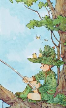 1boy absurdres animal animal_on_head bird bird_on_head blue_sky child closed_mouth fishing foliage from_side full_body gon_freecss highres hunter_x_hunter knee_up leaf_hat male_focus mumian67053620 on_branch on_head outdoors profile sitting sitting_on_branch sky wide_shot