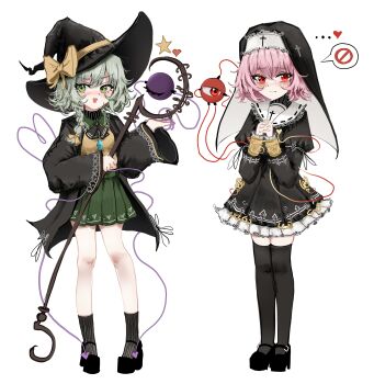 2girls absurdres alternate_costume alternate_hairstyle alternate_headwear black_bow black_bowtie black_coat black_dress black_hat black_shoes black_socks black_thighhighs blush bow bowtie braid closed_mouth coat commentary cross cross_print dress english_commentary eyeball frilled_dress frills full_body green_eyes green_hair green_skirt hair_bow hat hat_bow heart heart_of_string highres holding holding_staff interlocked_fingers komeiji_koishi komeiji_satori long_sleeves looking_at_viewer multiple_girls nun nun_headdress open_clothes open_coat open_mouth ougiikun own_hands_together pink_hair pleated_skirt red_ribbon ribbon shoes siblings side_braid simple_background single_braid sisters skirt smile socks staff star_(symbol) thighhighs third_eye touhou white_background wide_sleeves witch witch_hat yellow_bow