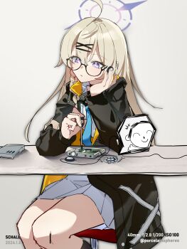 Rule 34 | 1boy, 1girl, :/, absurdres, ahoge, artist name, black-framed eyewear, black coat, blonde hair, blue archive, blue necktie, braid, closed mouth, coat, collared shirt, dated, doodle sensei (blue archive), feet out of frame, glasses, halo, hand up, highres, holding, holding screwdriver, kotama (blue archive), listening, long hair, long sleeves, miniskirt, necktie, open clothes, open coat, pleated skirt, porcelainsphere, purple eyes, purple halo, screwdriver, semi-rimless eyewear, sensei (blue archive), shirt, side braid, sitting, skirt, thighs, two-sided coat, two-sided fabric, under-rim eyewear, white shirt, white skirt