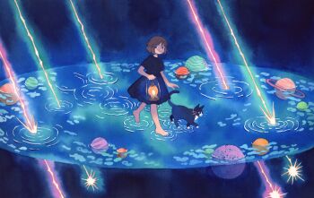 1girl barefoot black_dress blue_background blue_eyes brown_hair cat collar dress falling_star floating floating_object heikala highres holding holding_lantern lantern liquid night original painting_(medium) planet red_collar ripples saturn_(planet) short_sleeves solo traditional_media tuxedo_cat walking walking_on_liquid watercolor_(medium) wide_shot