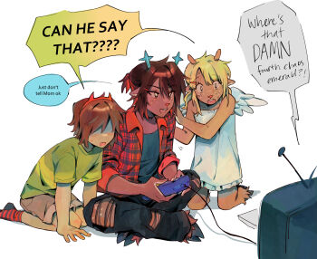 1other 2girls angel_wings animal_ears antlers black_pants black_shirt blonde_hair blue_horns brown_hair brown_shorts commentary controller december_holiday deer_antlers deer_ears deer_girl deltarune demon_horns design_speculation dress english_commentary english_text fake_horns furry furry_female game_controller goomyloid green_shirt hair_ornament hair_over_eyes hairband hairclip highres holding holding_controller holding_game_controller hooves horn_hairband horns kris_(deltarune) multiple_girls noelle_holiday open_clothes open_mouth open_shirt pants plaid_clothes plaid_shirt red_horns red_shirt red_socks shadow_the_hedgehog_(game) shirt short_hair short_sleeves shorts single_horizontal_stripe sitting sleeveless sleeveless_dress socks sonic_(series) striped_clothes striped_shirt striped_socks television torn_clothes torn_pants utdr_(toby_fox) white_dress white_wings wings