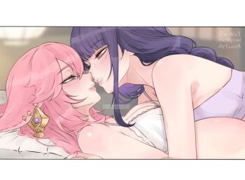 2girls animal_ears blush bra breasts camisole cleavage commentary ddemille03 earrings english_commentary fox_ears genshin_impact jewelry large_breasts long_hair multiple_girls parted_lips pink_hair purple_camisole purple_eyes purple_hair raiden_shogun smile underwear white_bra yae_miko yuri
