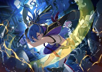 &gt;:( 3girls 6+others ahoge alley anger_vein armor ashwind_clan_(stella_sora) bandeau bare_shoulders baseball_bat black_bandeau blonde_hair blue_hair breastplate breasts crop_top cropped_shirt game_cg helmet highres holding holding_baseball_bat knight lance medium_breasts midriff minova_(stella_sora) multicolored_hair multiple_girls multiple_others neuvira_(stella_sora) non-web_source official_art pink_hair polearm ponytail purple_eyes purple_hair red_thighhighs shirt single_vertical_stripe sleeveless sleeveless_shirt solo_focus spear stella_sora streaked_hair swinging_baseball_bat thighhighs two_side_up v-shaped_eyebrows vollara_(stella_sora) weapon white_shirt